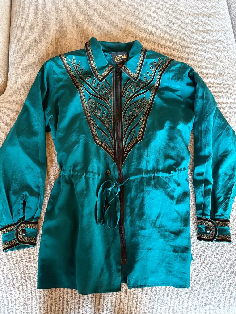 Vintage BOB MACKIE Wearable Art Embroidered Jacket Blouse 100%Silk Medium
